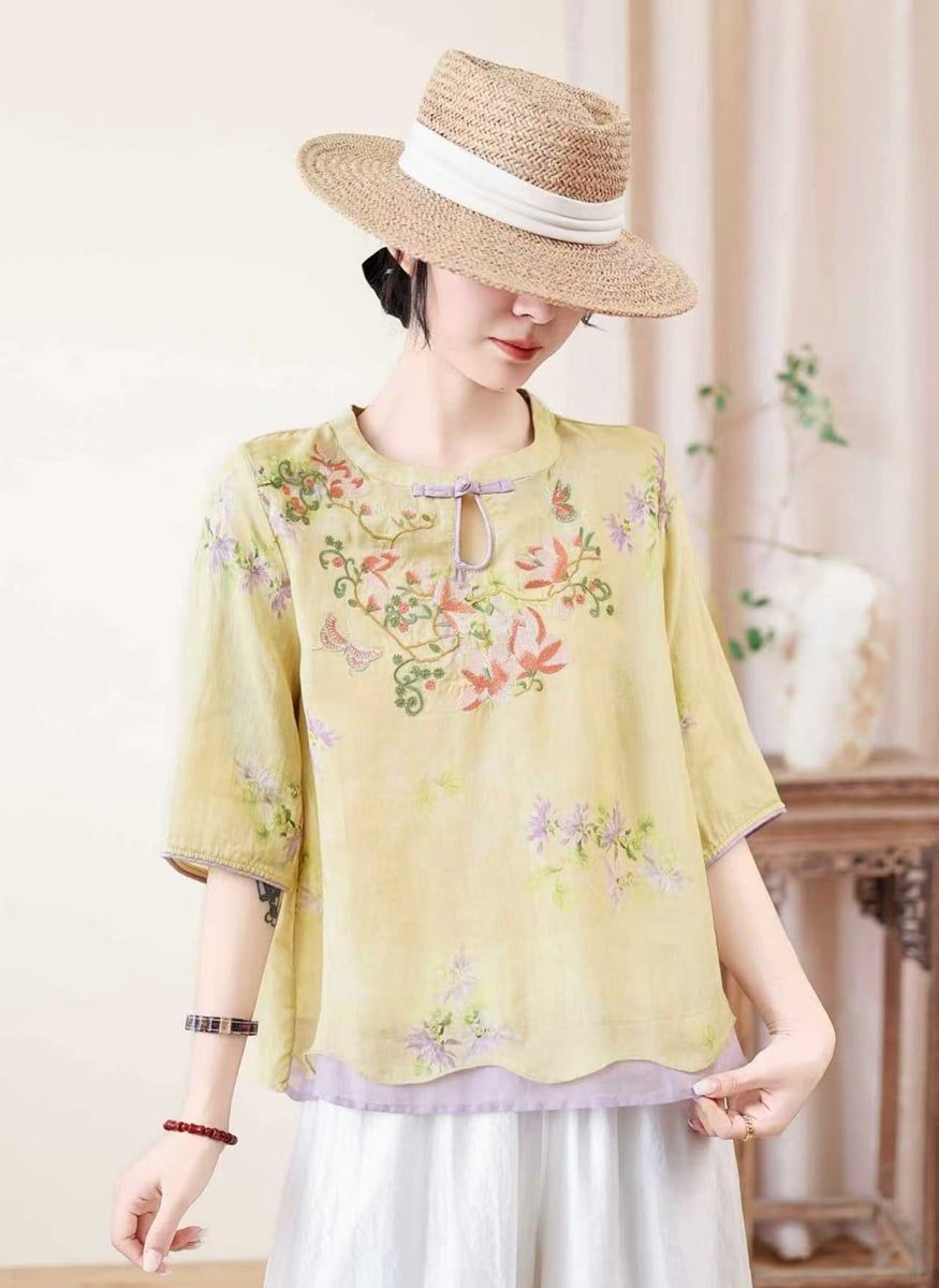  A891-Áo Ramie Thêu Hoa Cổ Gài Nút Nghệ Thuật 