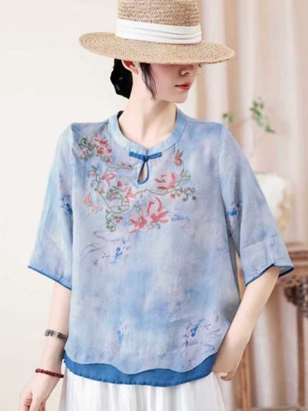  A891-Áo Ramie Thêu Hoa Cổ Gài Nút Nghệ Thuật 