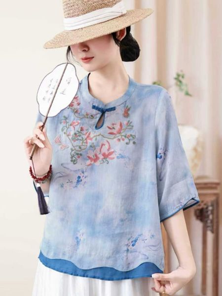  A891-Áo Ramie Thêu Hoa Cổ Gài Nút Nghệ Thuật 