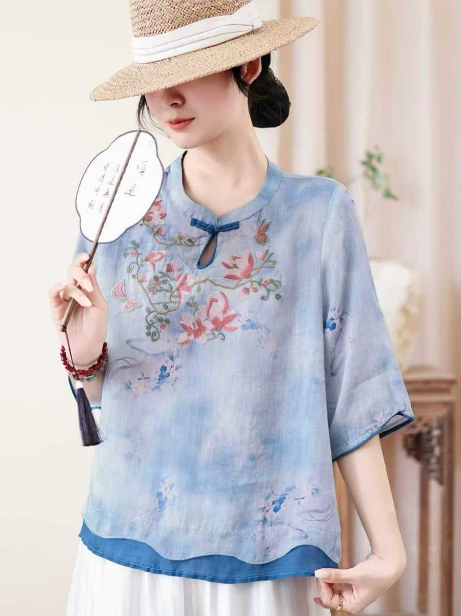  A891-Áo Ramie Thêu Hoa Cổ Gài Nút Nghệ Thuật 