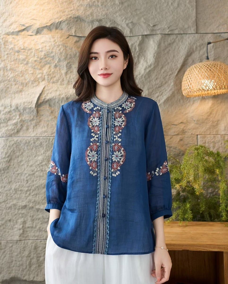  A896-Áo Ramie Thêu Hoa Cổ Điển Thanh Lịch Nghệ Thuật 