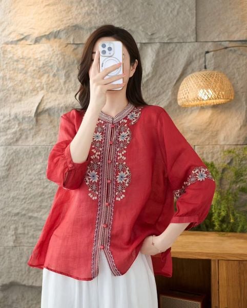  A896-Áo Ramie Thêu Hoa Cổ Điển Thanh Lịch Nghệ Thuật 