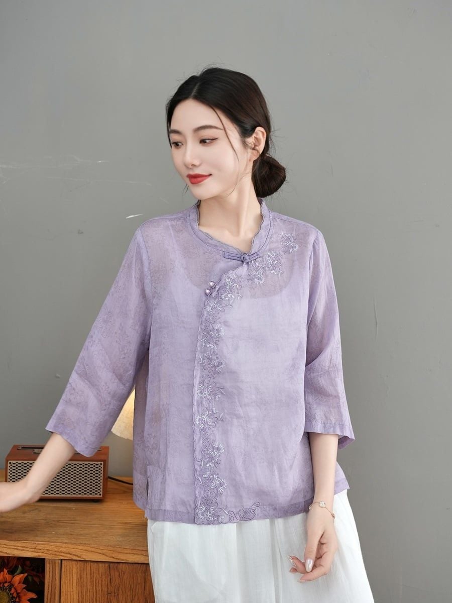  A902-Áo Ramie Thêu Hoa Vạt Xiên Cổ Tàu Nghệ Thuật 