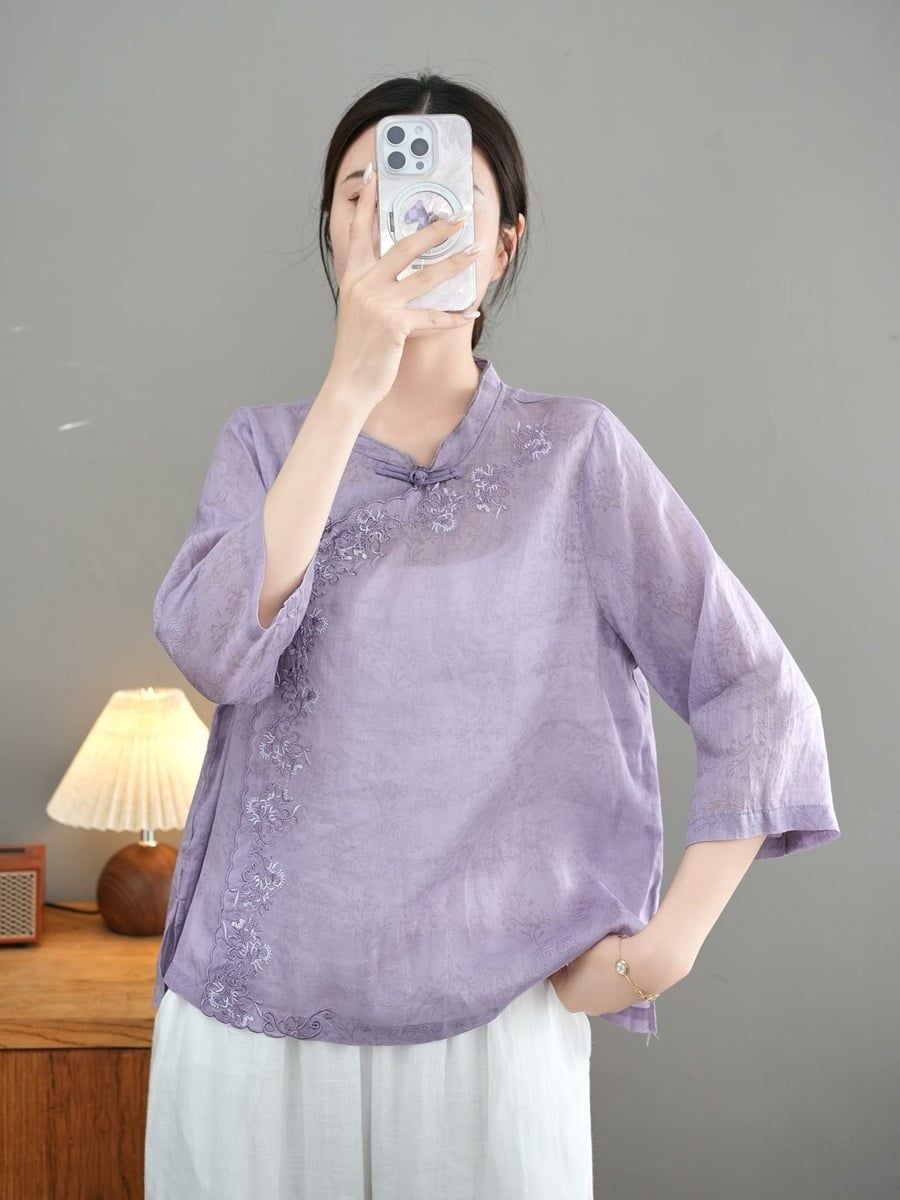  A902-Áo Ramie Thêu Hoa Vạt Xiên Cổ Tàu Nghệ Thuật 