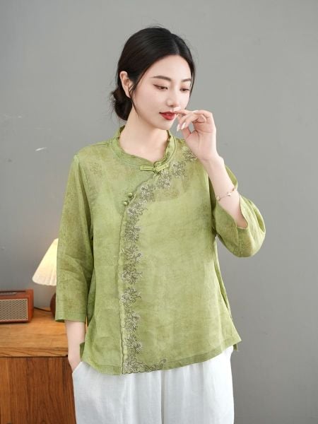  A902-Áo Ramie Thêu Hoa Vạt Xiên Cổ Tàu Nghệ Thuật 