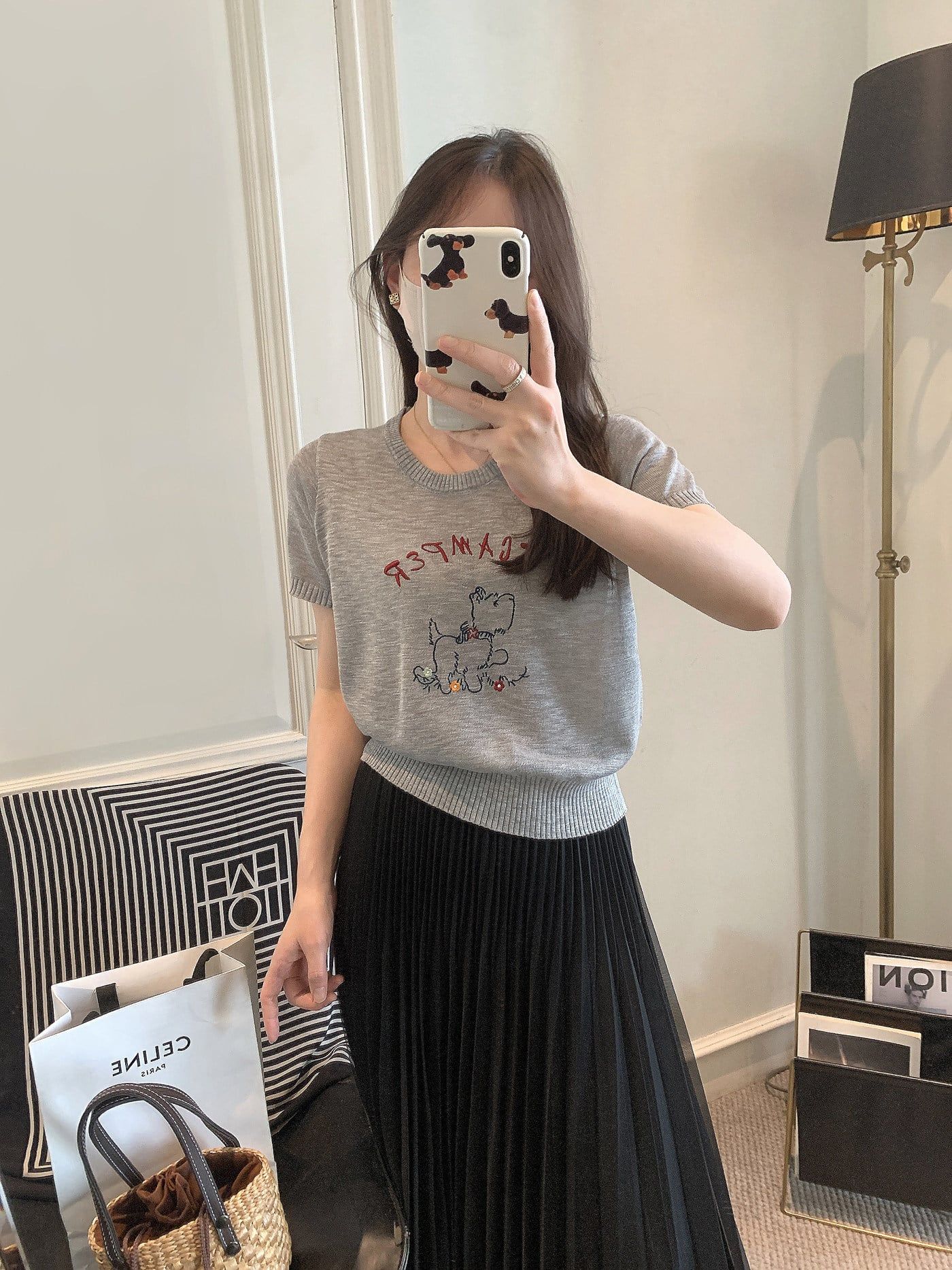  A908-Áo Dệt Kim Cổ Tròn Họa Tiết Cún Con Hàn Quốc 