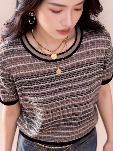  A915-Kisuhi-Áo Len Dệt Kim Phối Sọc Nghệ Thuật Hàn Quốc 