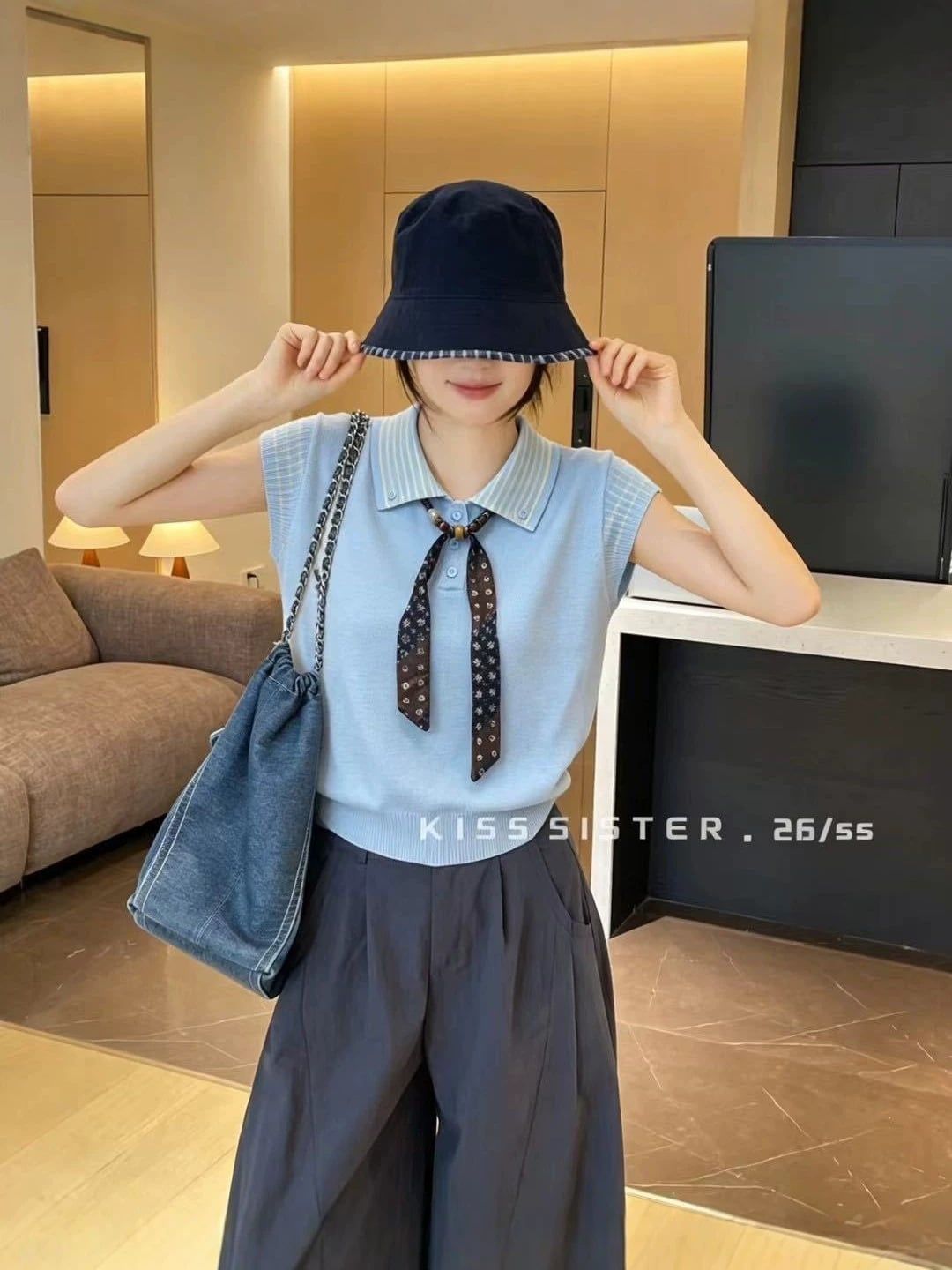  A918-Áo Len Cổ Bẻ Khăn Nơ Hàn Quốc 