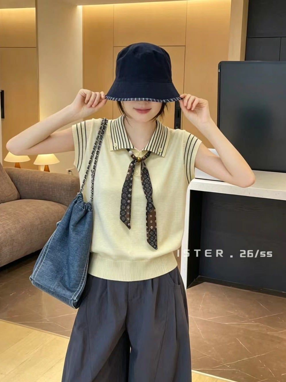  A918-Áo Len Cổ Bẻ Khăn Nơ Hàn Quốc 