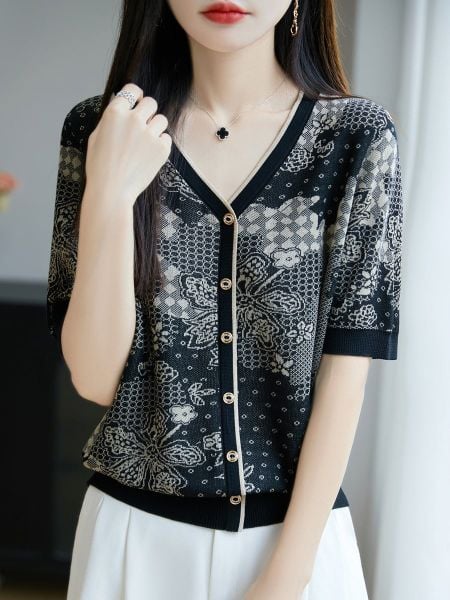  A925-Áo Thun Len Họa Tiết Cổ V Dệt Hoa Nghệ Thuật 