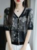  A925-Áo Thun Len Họa Tiết Cổ V Dệt Hoa Nghệ Thuật 