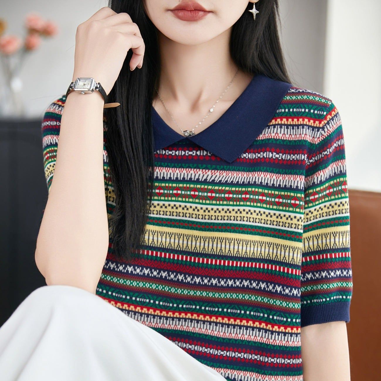  A935-Áo Len Dệt Kim Kẻ Sọc Phối Màu Thổ Cẩm 