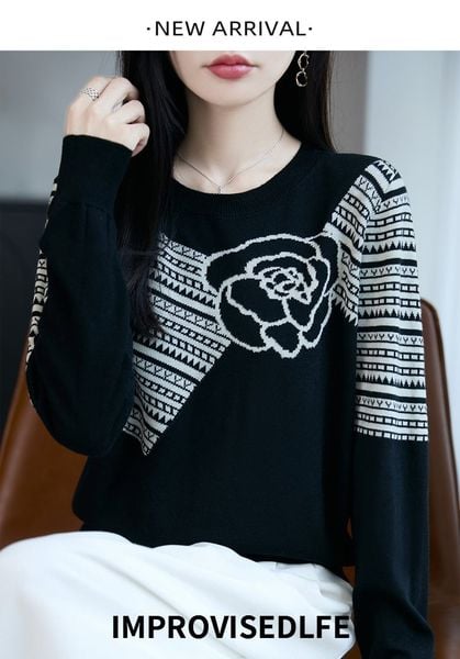  A937-Áo Len Dệt Họa Tiết Bông Hoa Nghệ Thuật 