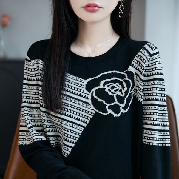  A937-Áo Len Dệt Họa Tiết Bông Hoa Nghệ Thuật 