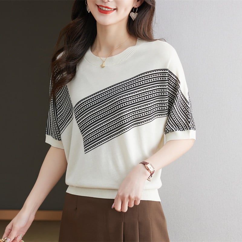  A942-Áo Len Ngắn Tay Sọc Chéo Nghệ Thuật 