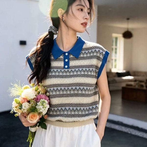  A943-Áo Len Ngắn Tay Có Cổ Dệt Sọc Thoải Mái Nghệ Thuật 