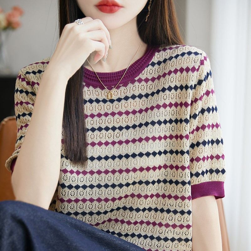  A945-Áo Len Ngắn Tay Dệt Thưa Họa Tiết Nghệ Thuật 