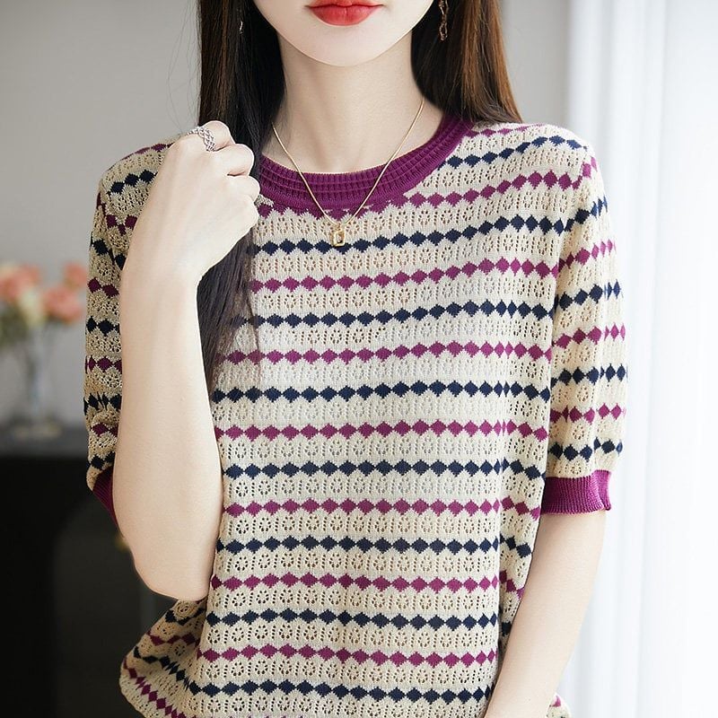  A945-Áo Len Ngắn Tay Dệt Thưa Họa Tiết Nghệ Thuật 