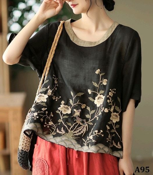  A95-Áo Ramie Thêu Phong Cảnh 