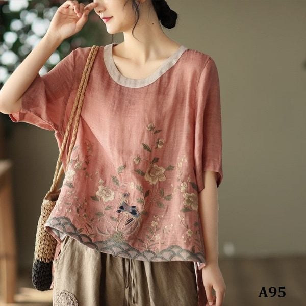  A95-Áo Ramie Thêu Phong Cảnh 