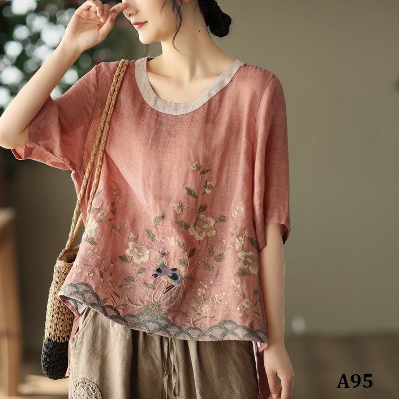  A95-Áo Ramie Thêu Phong Cảnh 