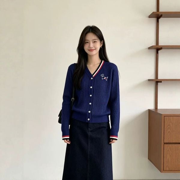  A961-Áo Len Cún Cưng Cổ V Phối Màu Tương Phản 
