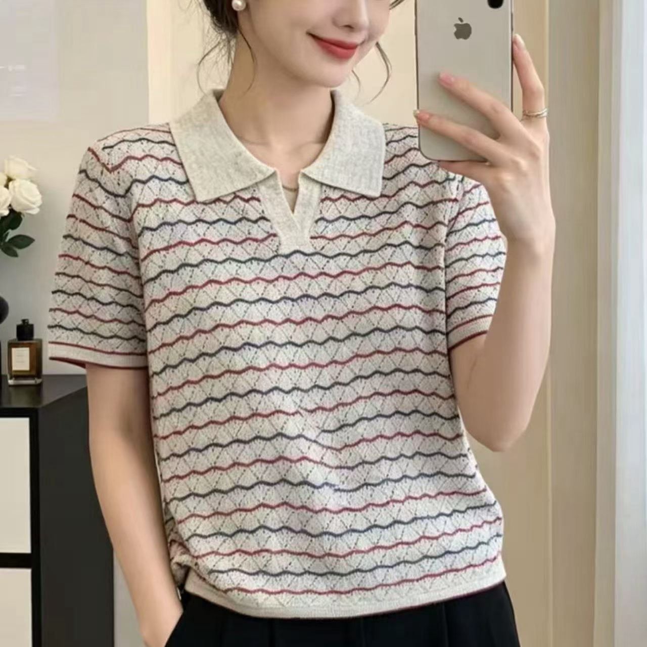  A970-Áo Len Lụa Kẻ Sọc Phối Màu 