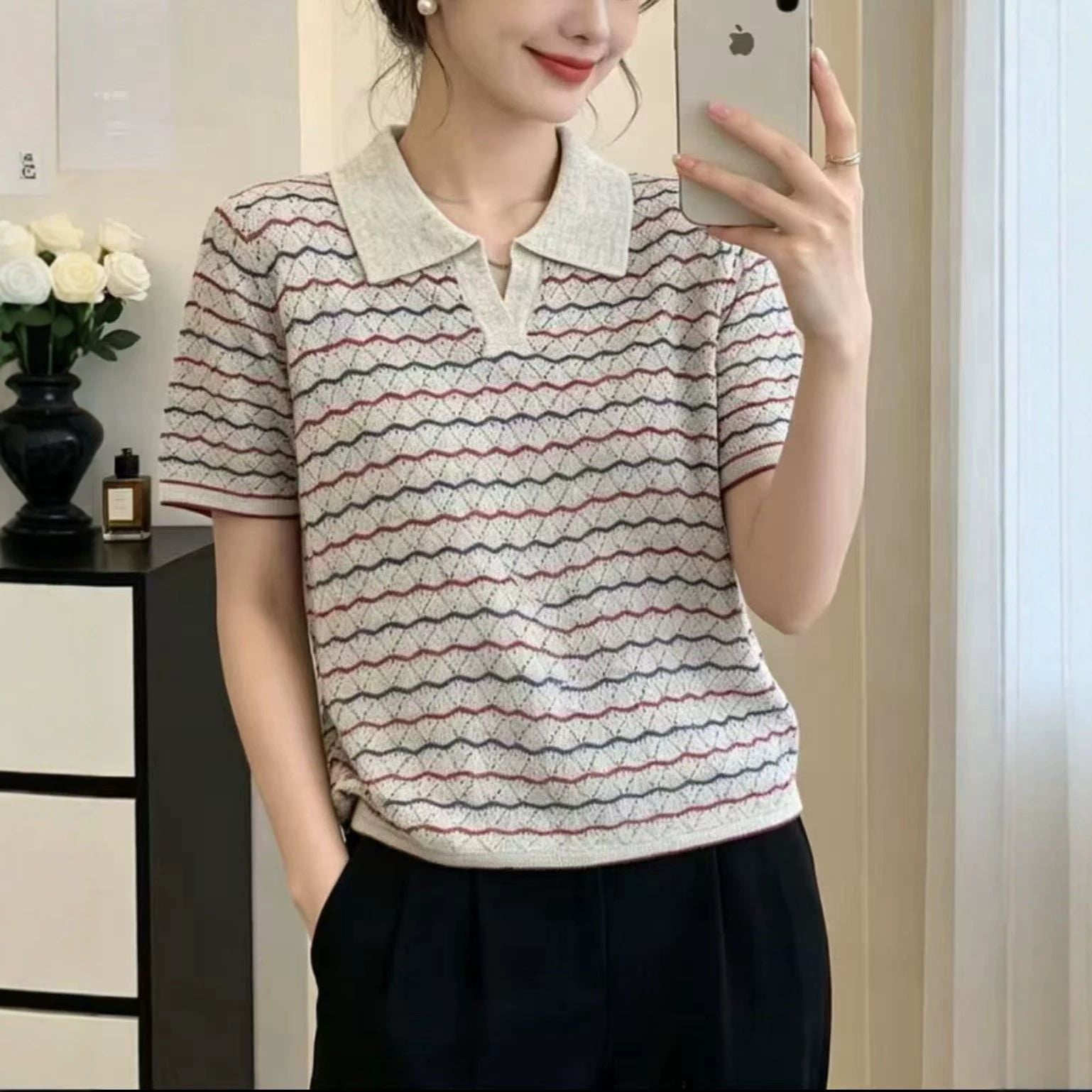  A970-Áo Len Lụa Kẻ Sọc Phối Màu 