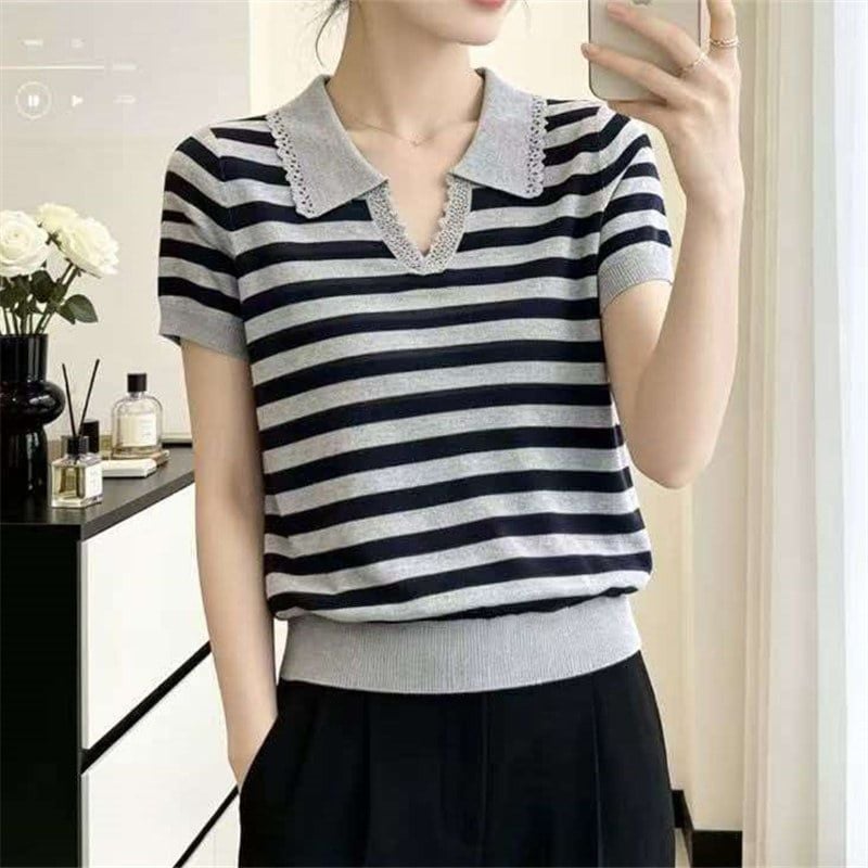 A971-Áo Len Lụa Kẻ Sọc Cổ Ren Họa Tiết 