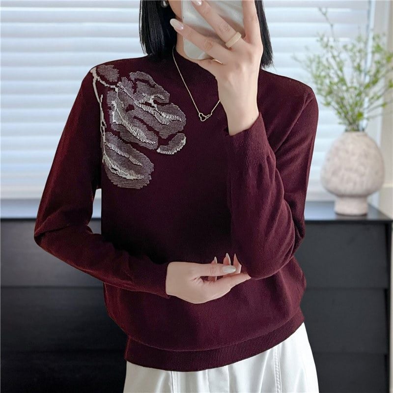  A972-Áo Len Lụa Họa Tiết Hoa Vai Mùa Thu 