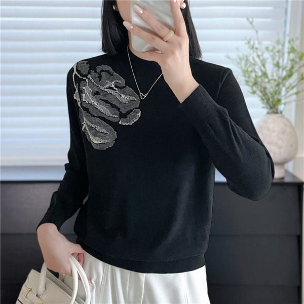  A972-Áo Len Lụa Họa Tiết Hoa Vai Mùa Thu 