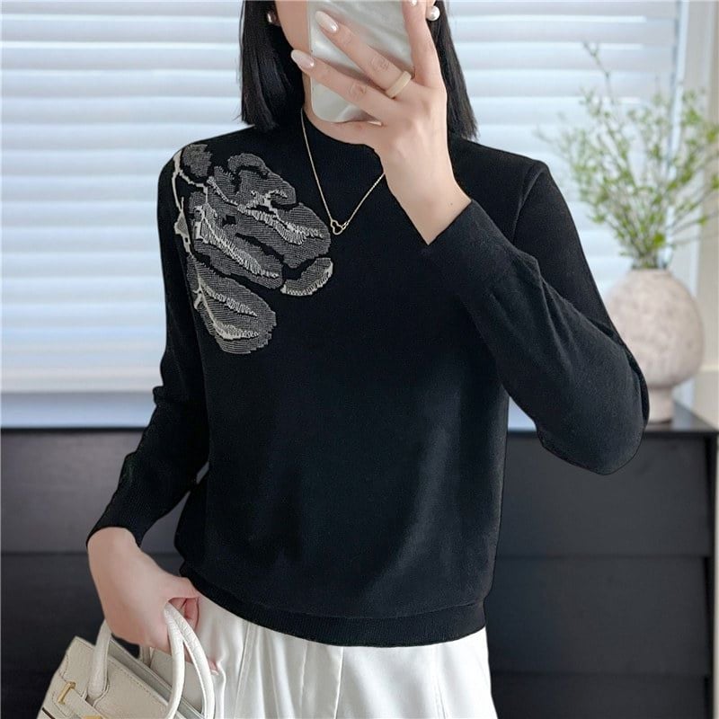  A972-Áo Len Lụa Họa Tiết Hoa Vai Mùa Thu 