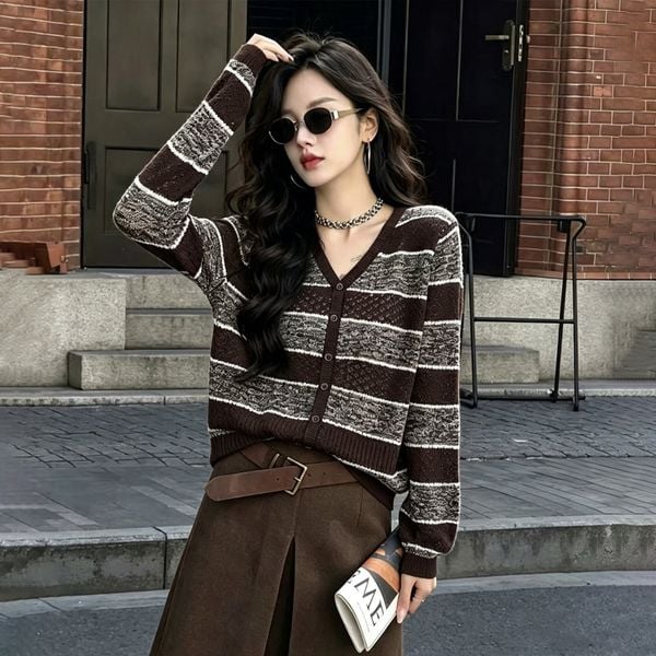  A973-Áo Khoác Len Cardigan Kẻ Sọc Mùa Thu 