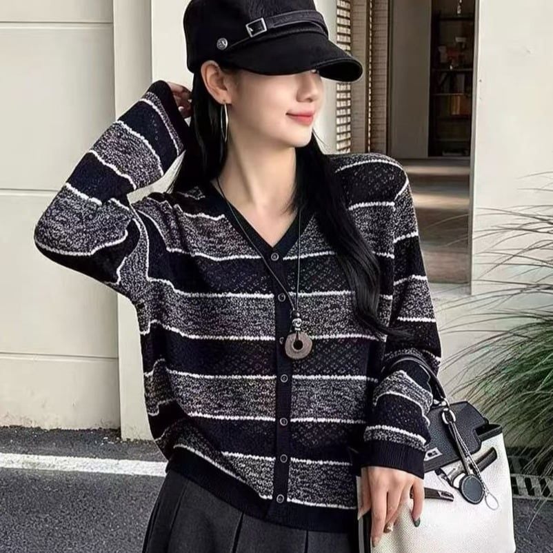  A973-Áo Khoác Len Cardigan Kẻ Sọc Mùa Thu 