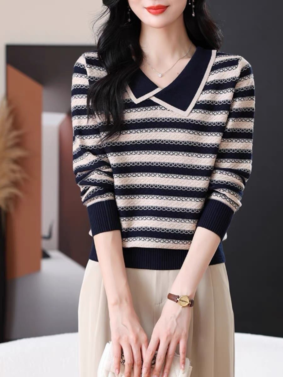  A974-Áo Len Cổ Chéo Kẻ Sọc Mùa Thu 