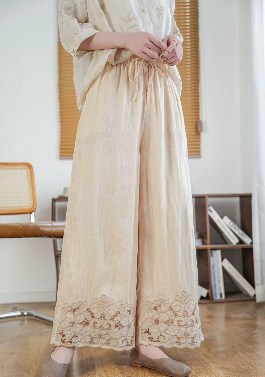  Q286-Quần Ramie Hai Lớp Ống Rộng Ren Ống Nghệ Thuật 