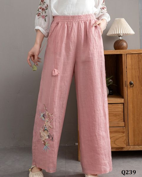 Q239-Quần Ramie Ống Rộng Thêu Hoa Nghệ Thuật 