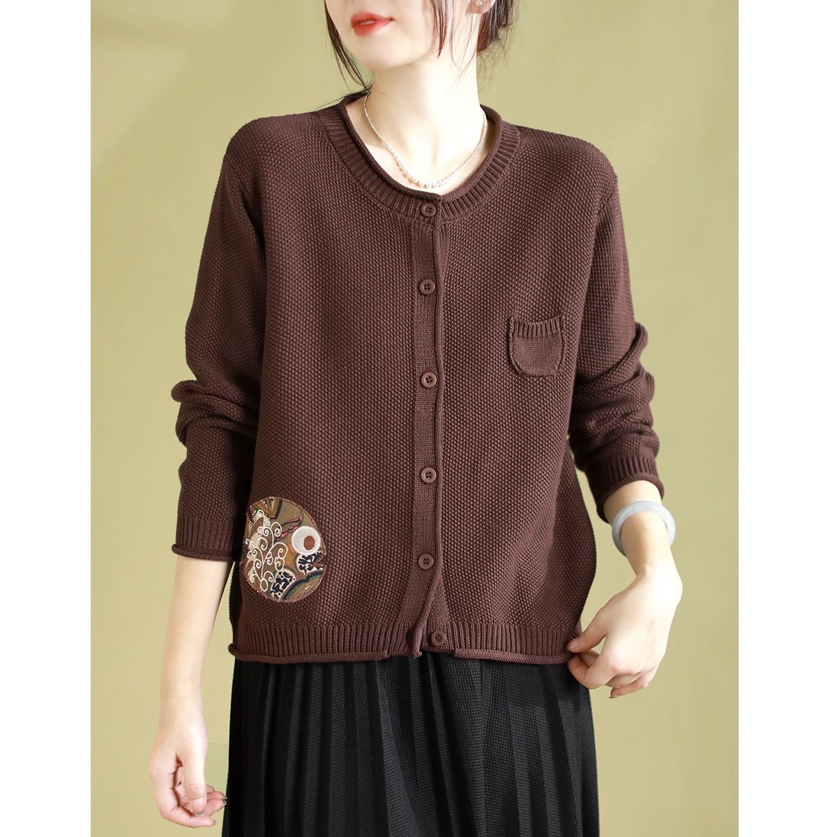  A742-Áo Len Dệt Kim Cardigan Thêu Họa Tiết Nghệ Thuật Mùa Thu 