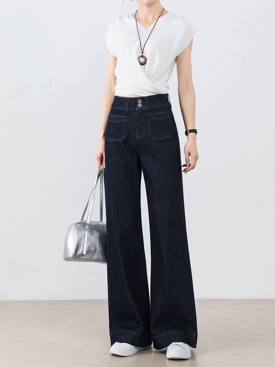 Q322-Quần Jeans Lụa Mềm Hai Túi Hai Nút Ống Suông Loe 