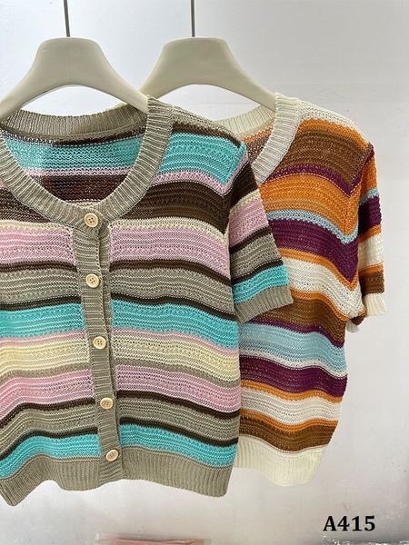  A415-Áo Dệt Kim Sọc Màu Ngắn Tay Cổ Tròn 