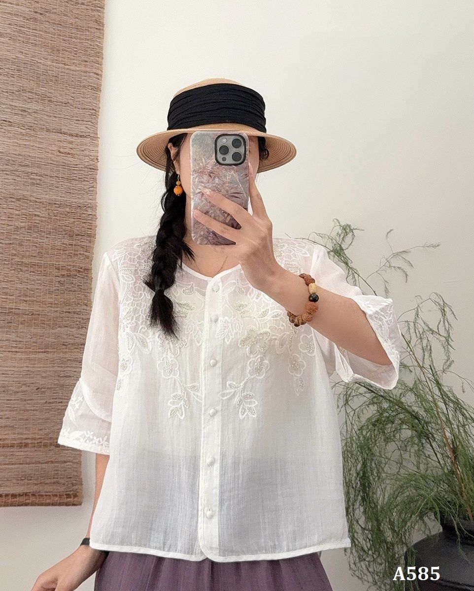  A585-Áo Ramie Thêu Hoa Thêu Tay Nghệ Thuật 