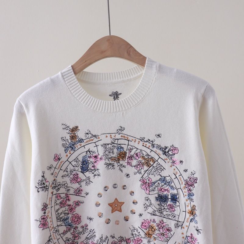  A780-Áo Len Dài Tay Cổ Tròn Dày Dặn Thêu Hoa Mùa Thu 