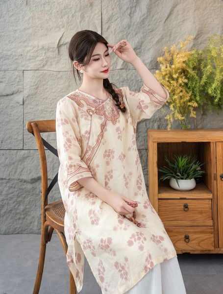  D10-Đầm Váy Ramie Hoa Lá Cổ Điển Thanh Lịch 