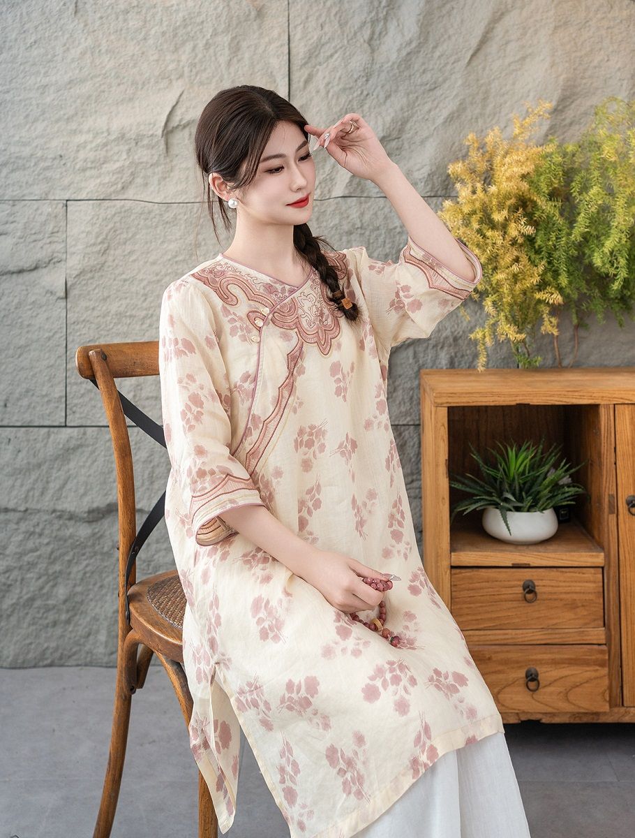  D10-Đầm Váy Ramie Hoa Lá Cổ Điển Thanh Lịch 