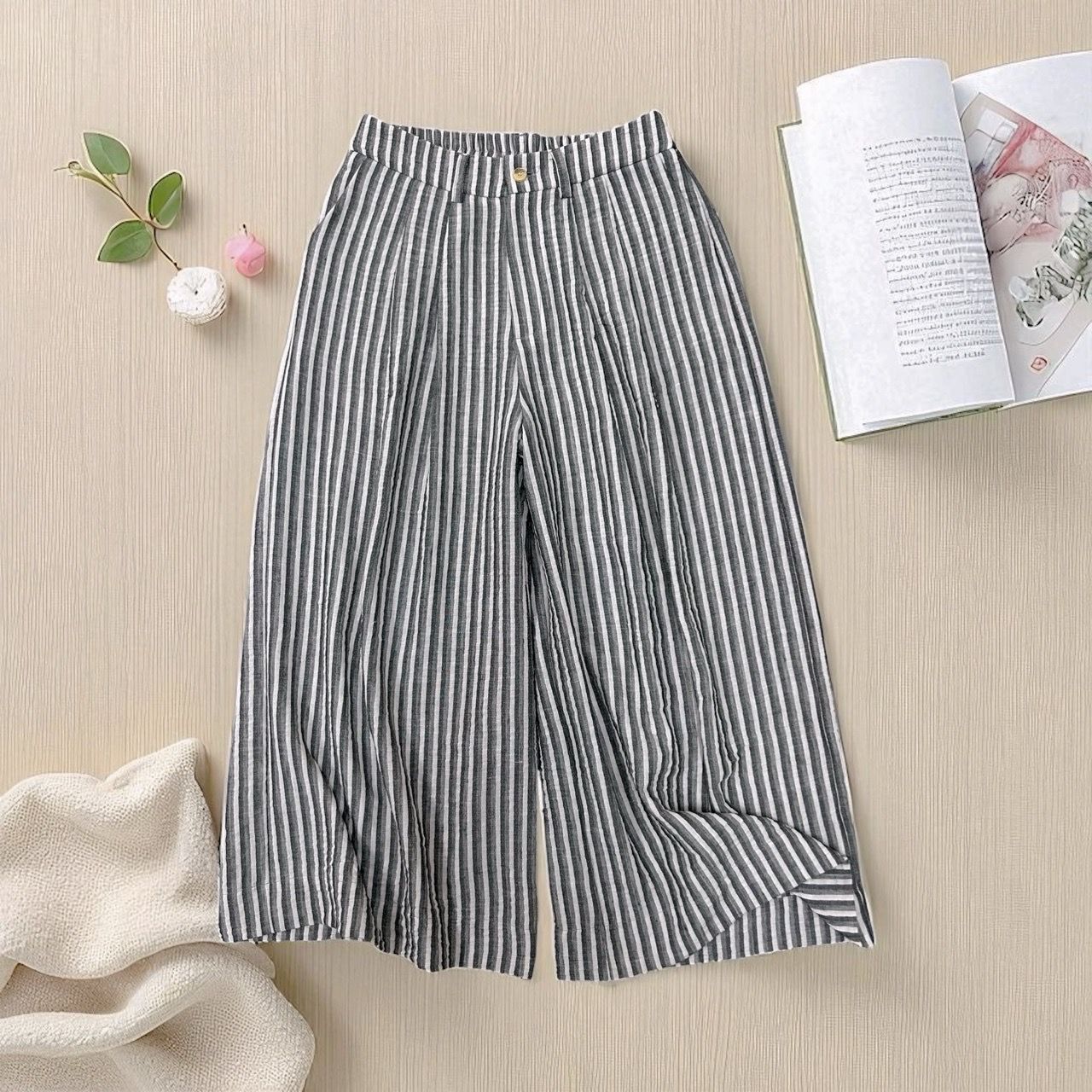  Q319-Quần Sọc Ống Rộng Xếp Ly 