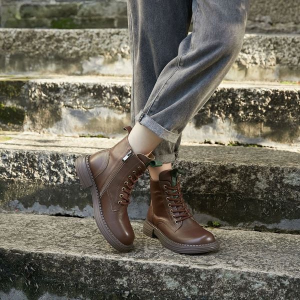  G193-Giày Boot Martin Nữ Da Thật Cột Dây Cổ Điển 