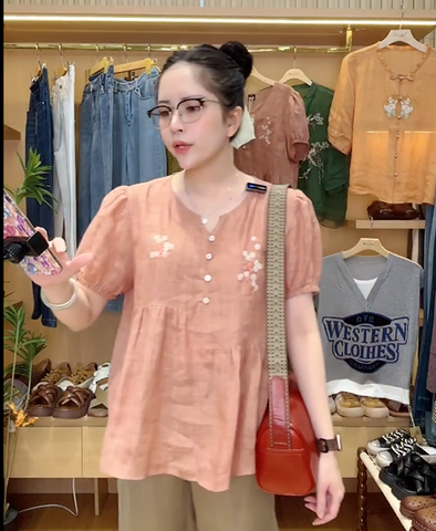  A318- Áo Ramie Thêu Hoa Nhí 