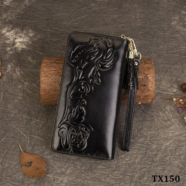  TX150-Ví Cầm Tay Da Thật Dập Hoa Văn Cổ Điển 