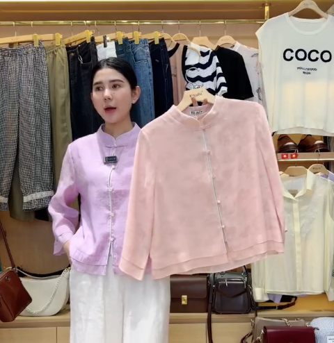  A637- Áo Tơ Cổ Tàu Nút Ngọc 