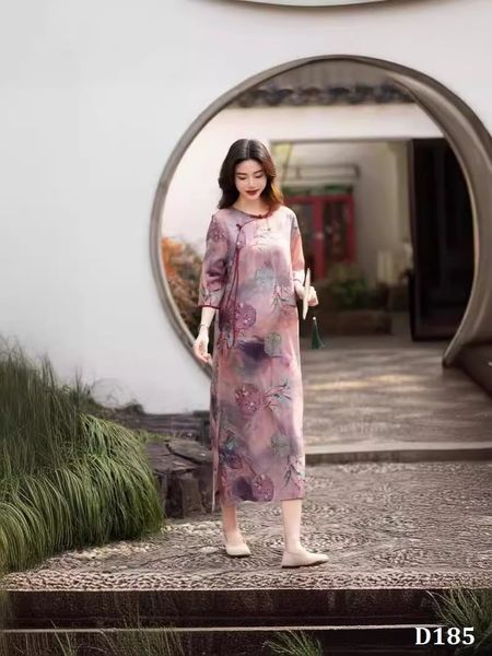  D185-Đầm Ramie Hoa Lá Nghệ Thuật 